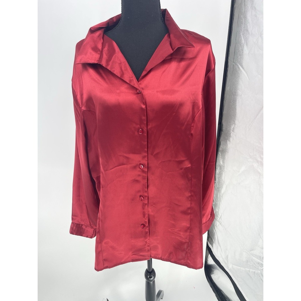 Croft‎ & Barrow Women's Red Satin Feel LongSleeve Button Up Blouse Size XL Bin12